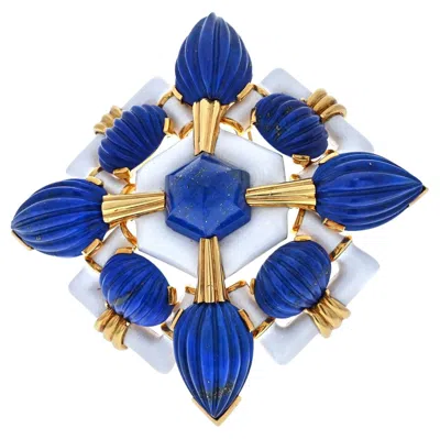 Pre-owned David Webb 18k Yellow Gold Carved Blue Lapis Lazuli And White Enamel Brooch