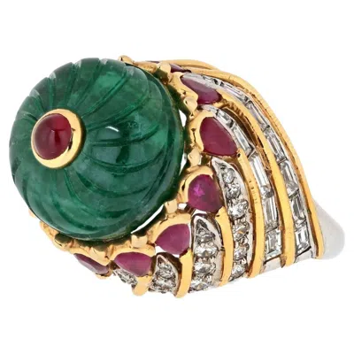 Pre-owned David Webb 18k Yellow Gold Carved Emerald, Ruby And Diamond Cocktail Ring
