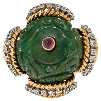 Pre-owned David Webb 18k Yellow Gold Carved Jade, Diamonds And A Ruby Ring