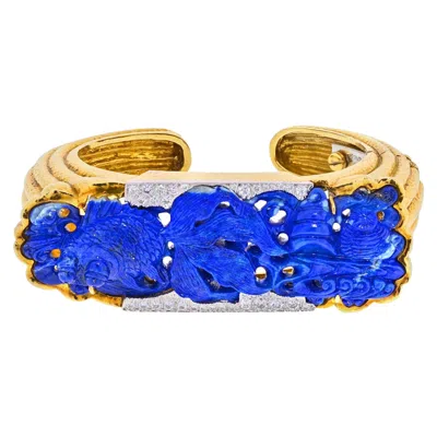 Pre-owned David Webb 18k Yellow Gold Carved Lapis Lazuli Cuff Diamond Bracelet