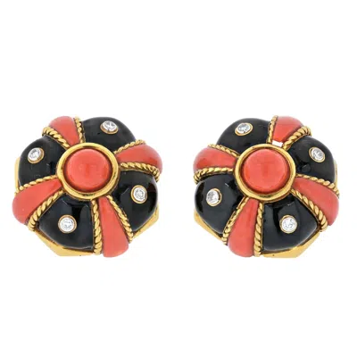 Pre-owned David Webb 18k Yellow Gold Coral, Black Enamel And Diamond Bombe Earrings