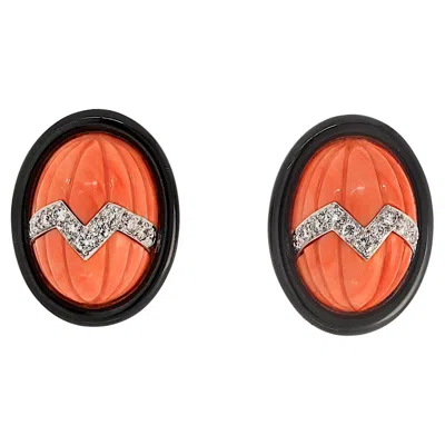 Pre-owned David Webb 18k Yellow Gold Coral Carved Black Enamel Oval Clip Earrings