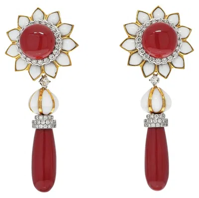 Pre-owned David Webb 18k Yellow Gold Coral, Diamond And White Enamel Earrings