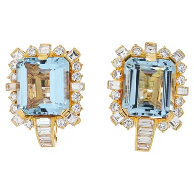 Pre-owned David Webb 18k Yellow Gold Diamond & Aquamarine Square Shaped Earrings