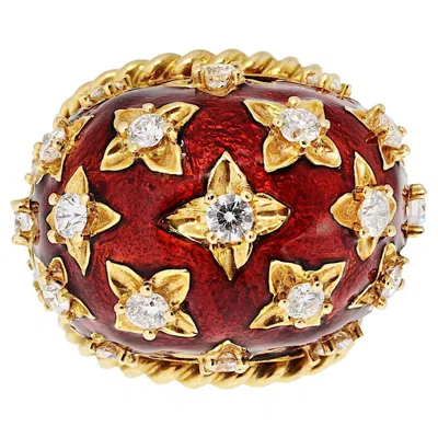 Pre-owned David Webb 18k Yellow Gold Diamond And Red Enamel Ring