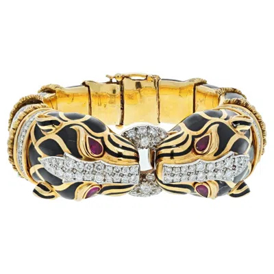 Pre-owned David Webb 18k Yellow Gold Double Head Pantheres In Black Enamel Bracelet