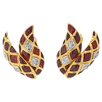 Pre-owned David Webb 18k Yellow Gold Double Leaf Checkerboard Pattern Clip On Earrings
