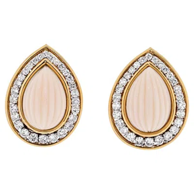 Pre-owned David Webb 18k Yellow Gold Fluted Coral Diamond Pear Drop Clip Earrings