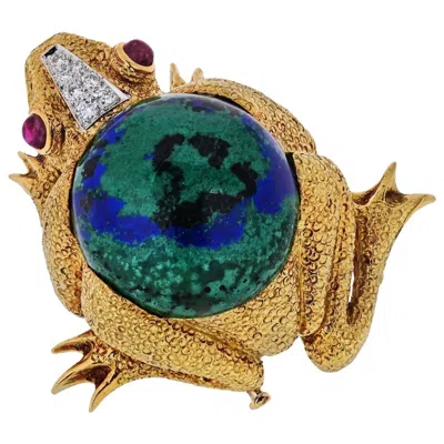 Pre-owned David Webb 18k Yellow Gold Frog With Azurite-malachite, Diamonds, Ruby Brooch