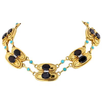 Pre-owned David Webb 18k Yellow Gold Garnet, Turquoise And Diamond Bib Necklace