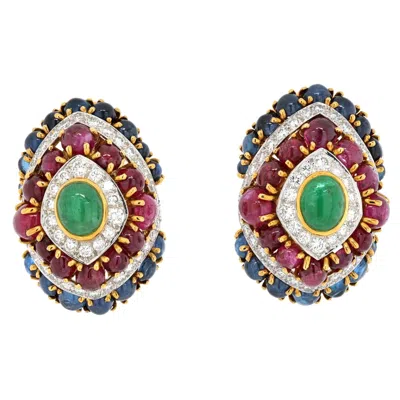 Pre-owned David Webb 18k Yellow Gold Gemstone Red, Green And Blue Diamond Earrings
