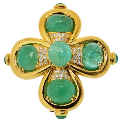 Pre-owned David Webb 18k Yellow Gold Green Emerald And Diamond Heraldic Inspired Brooch