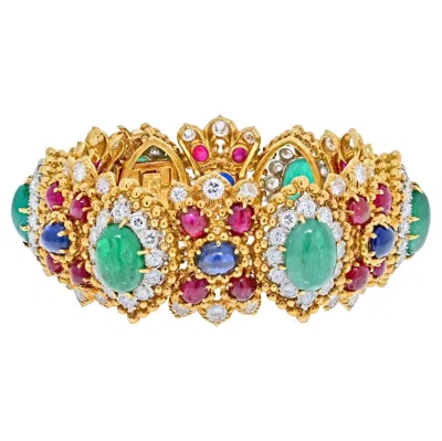 Pre-owned David Webb 18k Yellow Gold Green Emerald Cabochon, Ruby And Diamond Bracelet