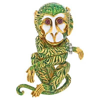 Pre-owned David Webb 18k Yellow Gold Green Enamel Monkey Brooch