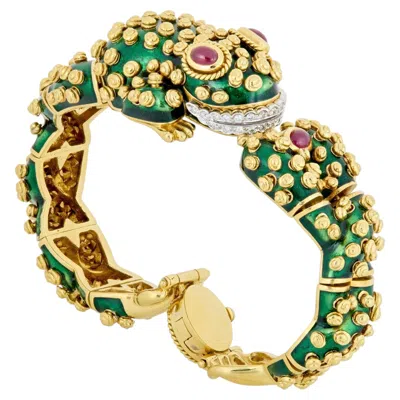 Pre-owned David Webb 18k Yellow Gold Green Enamel Ruby Diamond Frog Bracelet