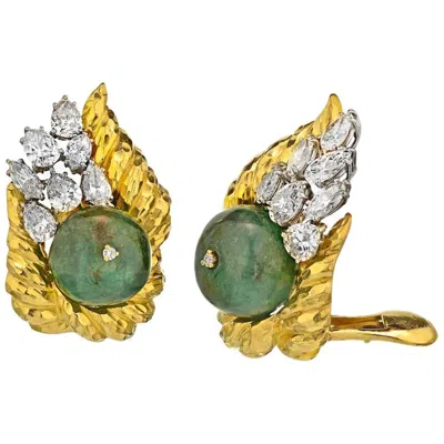 Pre-owned David Webb 18k Yellow Gold Hammered Platinum Emerald Bead And Diamond Earclips