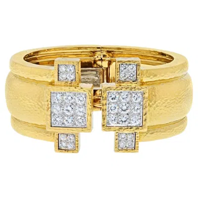 Pre-owned David Webb 18k Yellow Gold Hammered Wide Cuff With Diamonds Bracelet