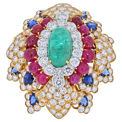 Pre-owned David Webb 18k Yellow Gold Heraldic Green Emerald Ruby And Diamond Brooch