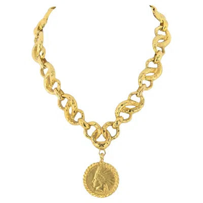 Pre-owned David Webb 18k Yellow Gold "indian Head " American Coin On A Link Chain Necklace