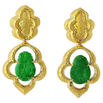 Pre-owned David Webb 18k Yellow Gold Jade Moroccan-inspired Textured Drop Earrings