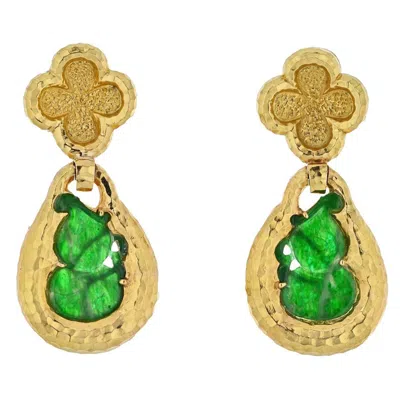 Pre-owned David Webb 18k Yellow Gold Jade Teardrop Dangling Clip On Earrings