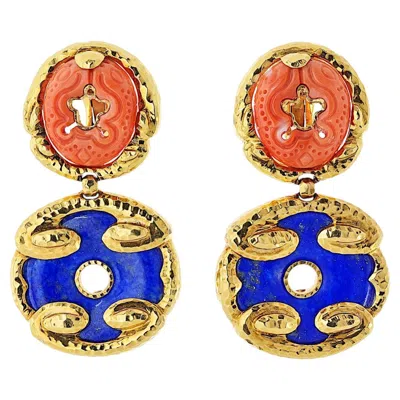 Pre-owned David Webb 18k Yellow Gold Lapis And Coral Drop Earrings
