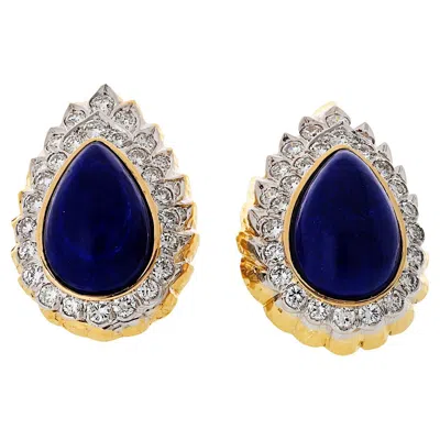 Pre-owned David Webb 18k Yellow Gold Lapis And Diamond Clip Earrings