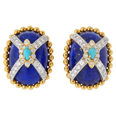 Pre-owned David Webb 18k Yellow Gold Lapis Lazuli And Turquoise Clip On Earrings