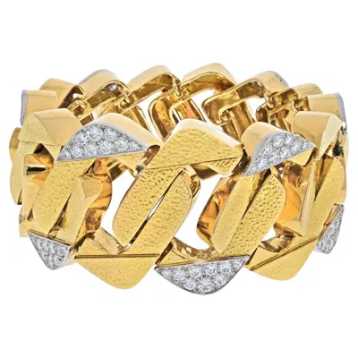 Pre-owned David Webb 18k Yellow Gold Large Hammered Flat Link Diamond Bracelet