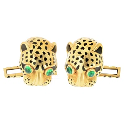 Pre-owned David Webb 18k Yellow Gold Leopard Enamel Cuff Links With Box