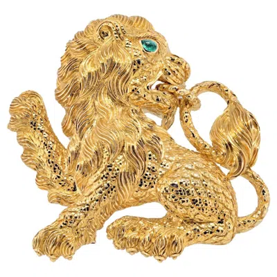 Pre-owned David Webb 18k Yellow Gold Lion With A Green Emerald Eye Brooch