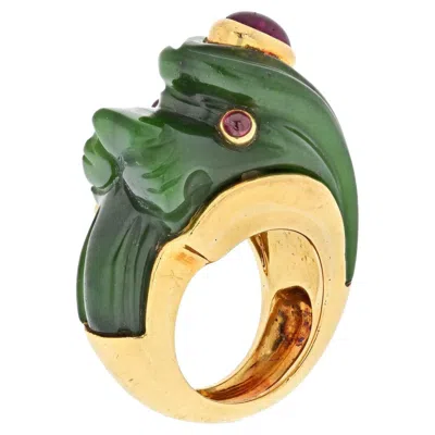 Pre-owned David Webb 18k Yellow Gold Nephrite, Ruby Lion Ring