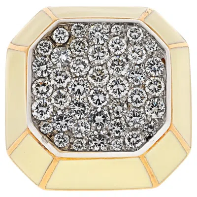 Pre-owned David Webb 18k Yellow Gold Octagon Diamond Cluster Cream Enamel Cocktail Ring