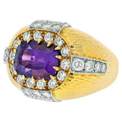 Pre-owned David Webb 18k Yellow Gold Oval Amethyst And Diamond Hammered Finish Ring