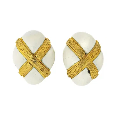 Pre-owned David Webb 18k Yellow Gold Oval White Enamel Earrings