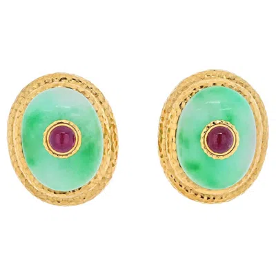 Pre-owned David Webb 18k Yellow Gold Oversized Oval Jade Ruby Clip On Earrings
