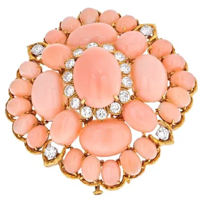 Pre-owned David Webb 18k Yellow Gold Pink Coral Cluster And Diamond 1960's Brooch
