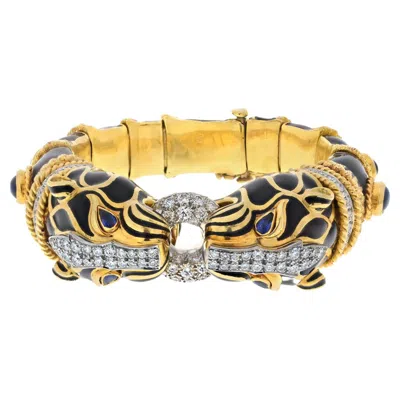 Pre-owned David Webb 18k Yellow Gold, Platinum Double Lion Black Enamel Sapphire Bracelet