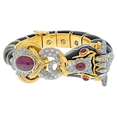 Pre-owned David Webb 18k Yellow Gold Platinum Ruby And Diamond Black Enamel Bracelet
