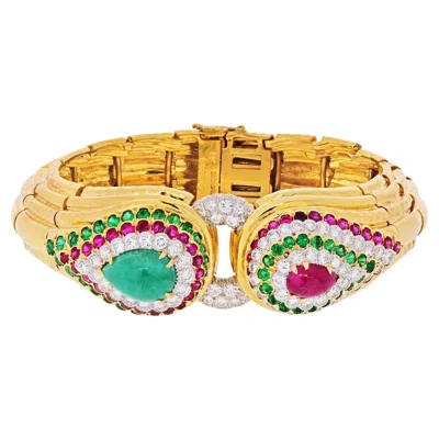 Pre-owned David Webb 18k Yellow Gold Raja Tears Green Emeralds, Rubies, Diamond Bracelet