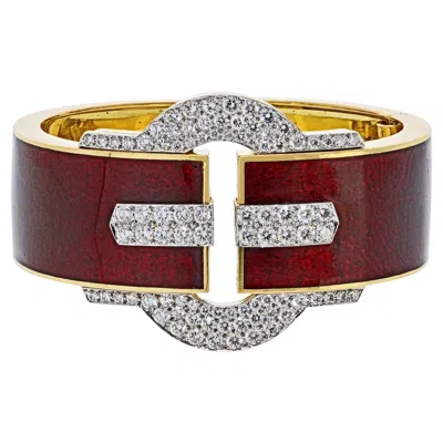 Pre-owned David Webb 18k Yellow Gold Red Enamel Diamond Cuff Bracelet