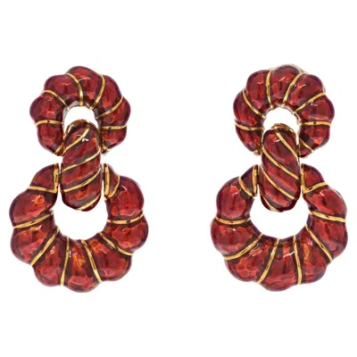 Pre-owned David Webb 18k Yellow Gold Red Enamel Fluted Door Knocker Clip Earrings