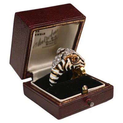 Pre-owned David Webb 18k Yellow Gold Ring. 0.60ct Diamond Ruby Black White Enamel Zebra