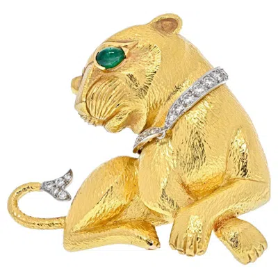 Pre-owned David Webb 18k Yellow Gold Sitting Panthere With A Diamond Collar Brooch