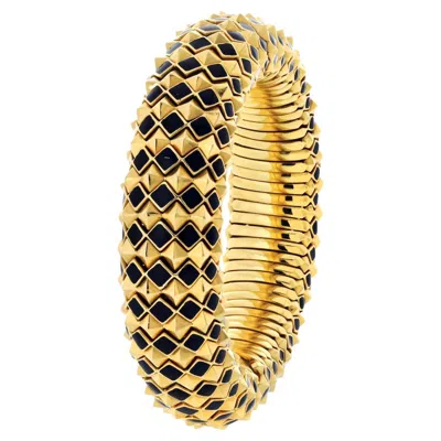 Pre-owned David Webb 18k Yellow Gold Spike Black Enamel Pyramid Slip On Bracelet