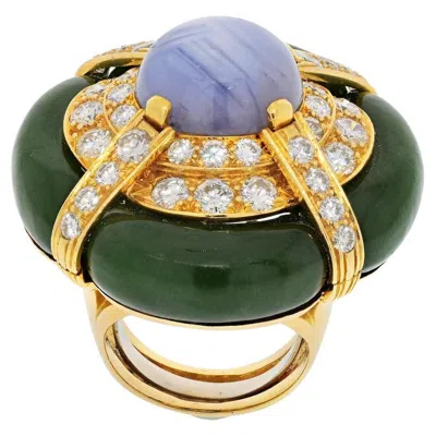 Pre-owned David Webb 18k Yellow Gold Star Sapphire, Diamond And Nephrite Ring