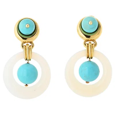 Pre-owned David Webb 18k Yellow Gold Turquoise & White Jade Door Knocker Clip-on Earrings