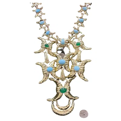 Pre-owned David Webb 18k Yellow Gold Turquoise Emerald Gold Crescent Necklace