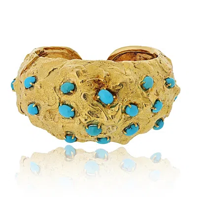 Pre-owned David Webb 18k Yellow Gold Turquoise Hammered Cuff Bracelet