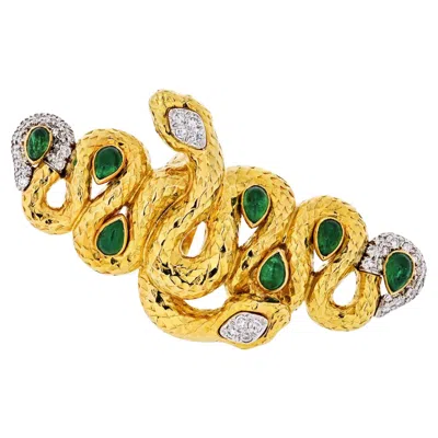 Pre-owned David Webb 18k Yellow Gold Two Snakes, Emeralds, Diamonds, Interlocking Ring